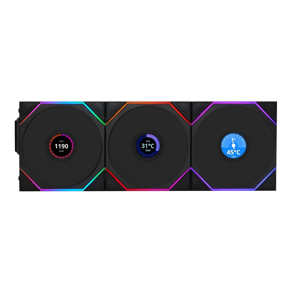 CASE FAN (พัดลมเคส) LIAN LI UNI FAN TL120 LCD REVERSE BLADE WIRELESS PACK-3 - BLACK (12RTLLCD1W3B)